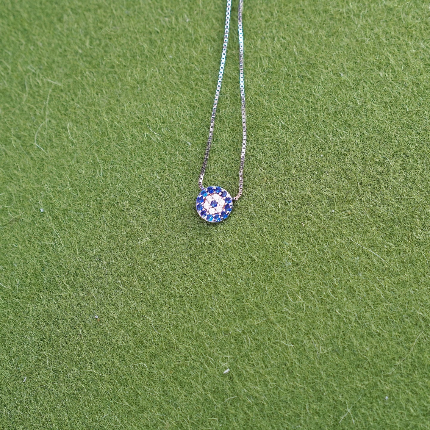 18”, Vintage Sterling silver handmade necklace, 925 box chain sapphire pendant