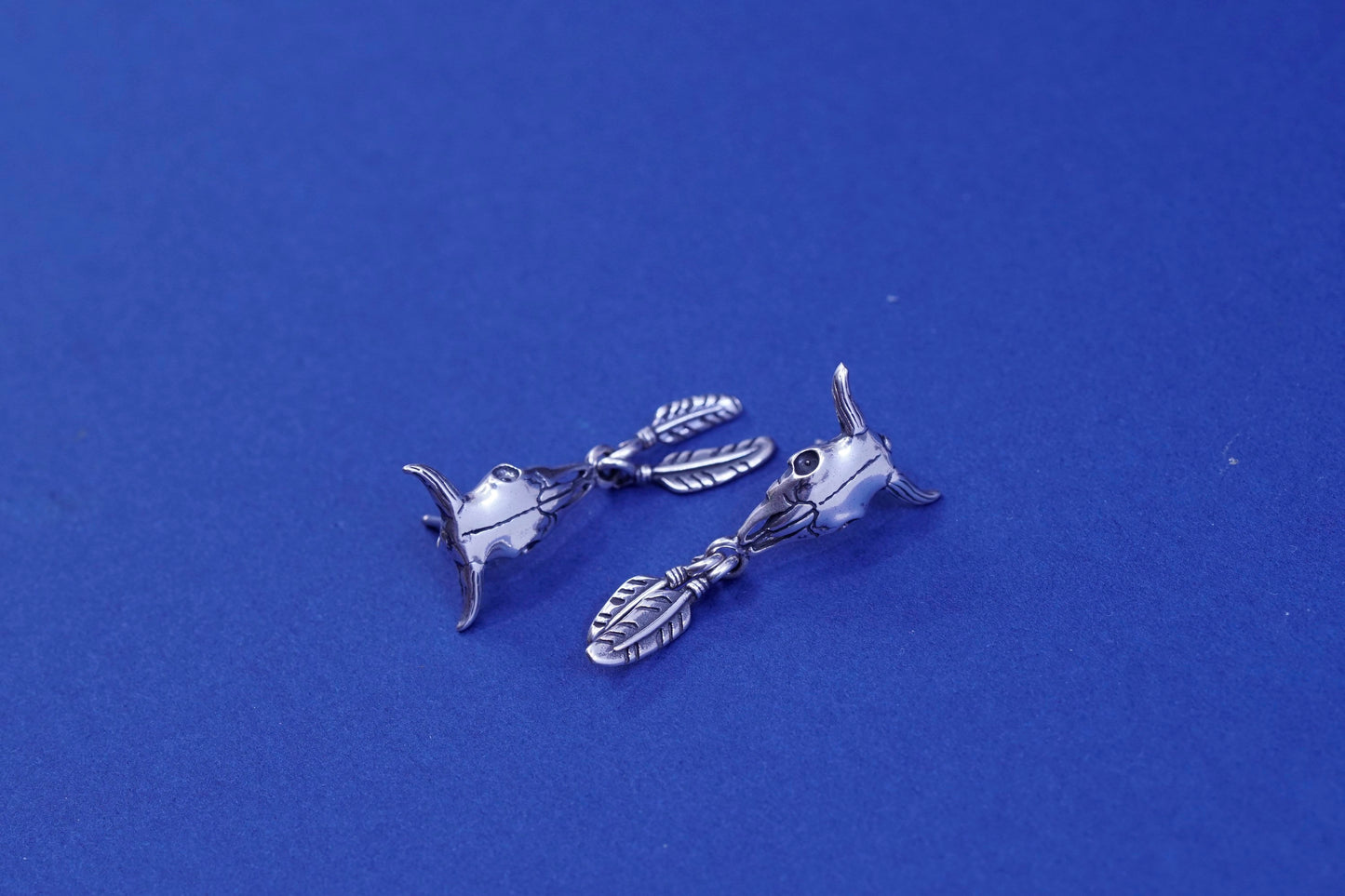 native Sheila Tso Masha Sterling silver earrings, 925 bull skull studs feathers