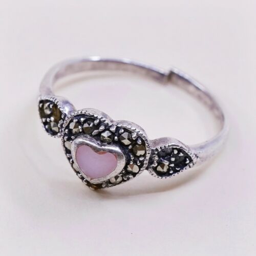 Sz 6.5, Sterling Silver handmade Ring, 925 Silver W/ Pink Mop Heart n marcasite