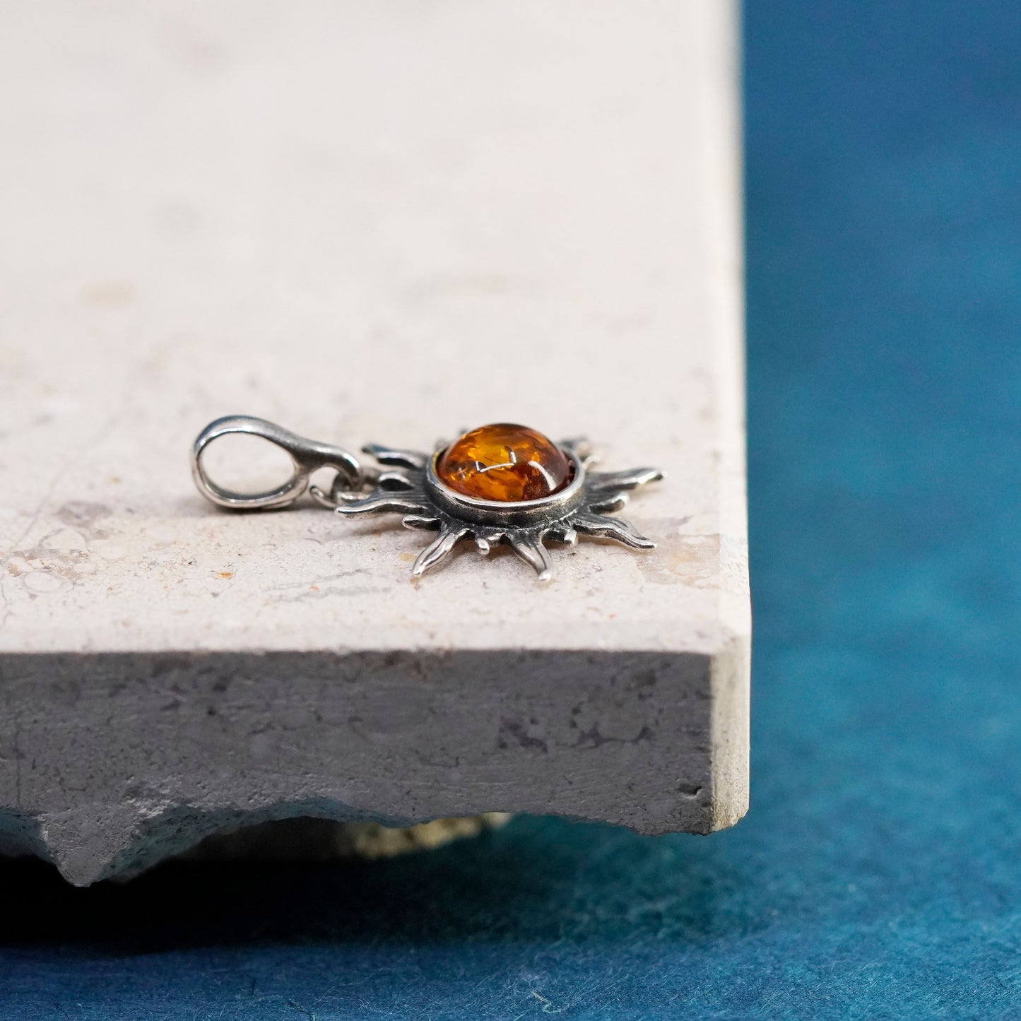 Vintage Sterling 925 silver handmade sun pendant with amber