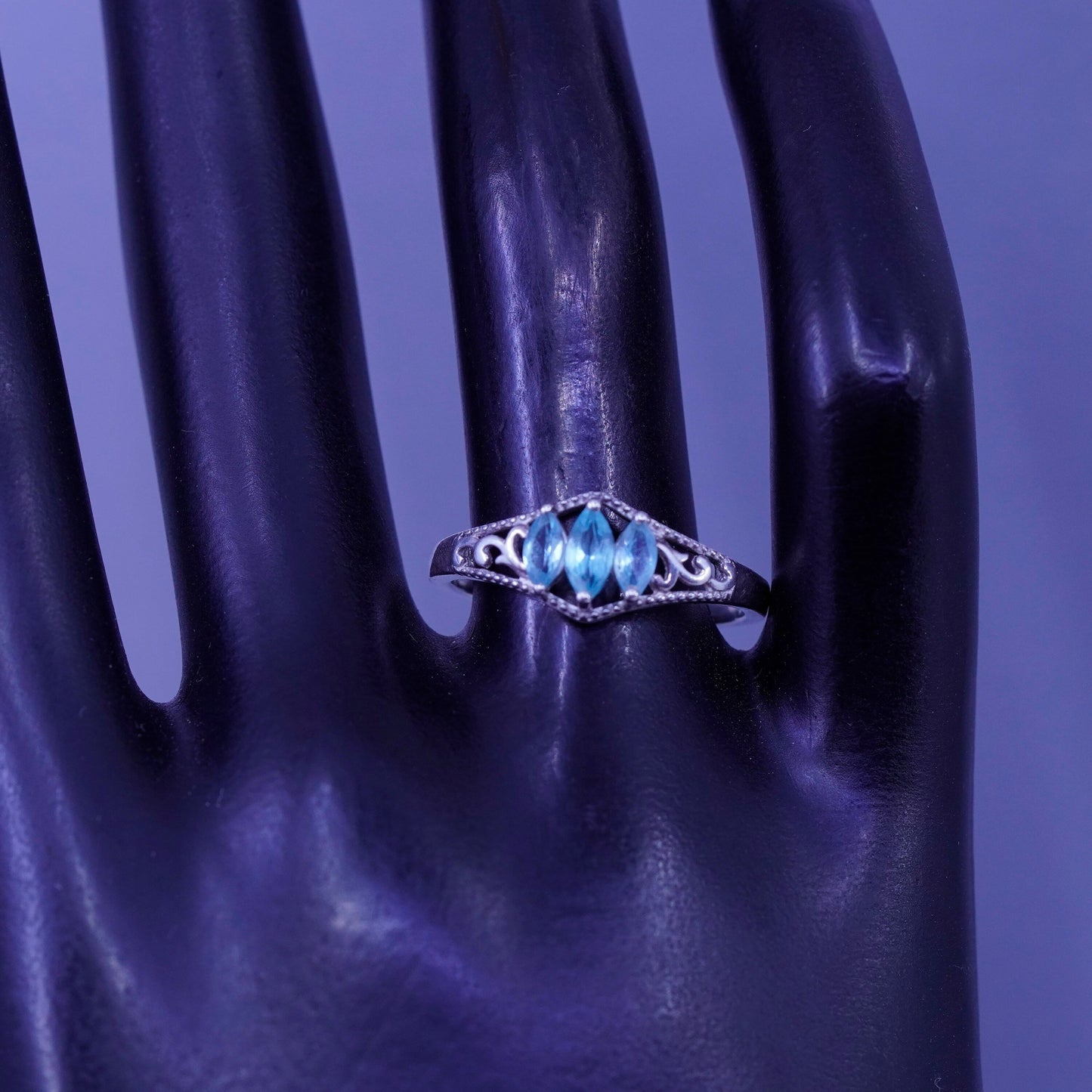 Size 8.25, vintage Sterling 925 silver handmade engagement ring with blue Cz