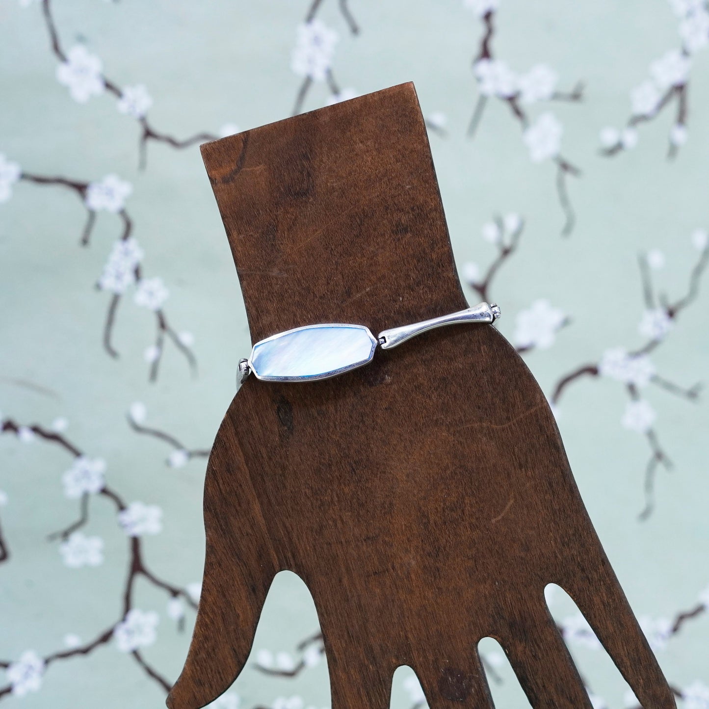6.5”, vtg Sterling silver handmade bracelet, 925 bar chain with mother of pearl