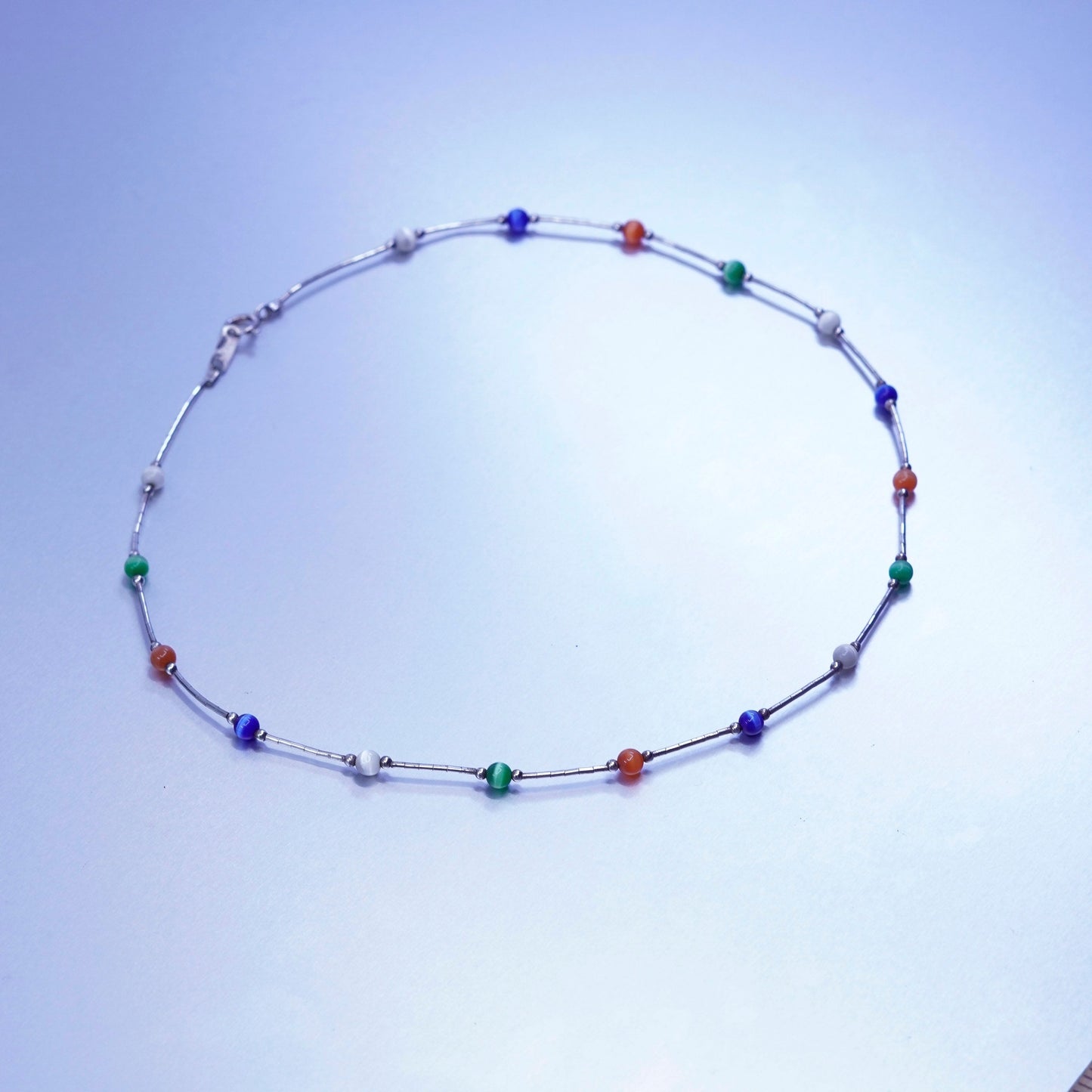 16”, Native American Sterling 925 liquid silver necklace cat’s eye bead pendant