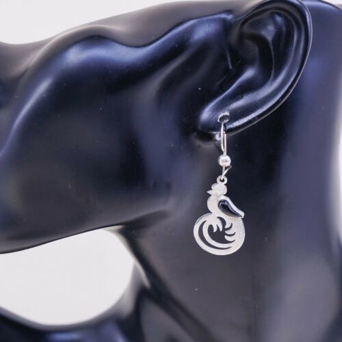 Vintage Southwestern handmade Sterling 925 Silver Peacock Earrings W/ Ovsidian