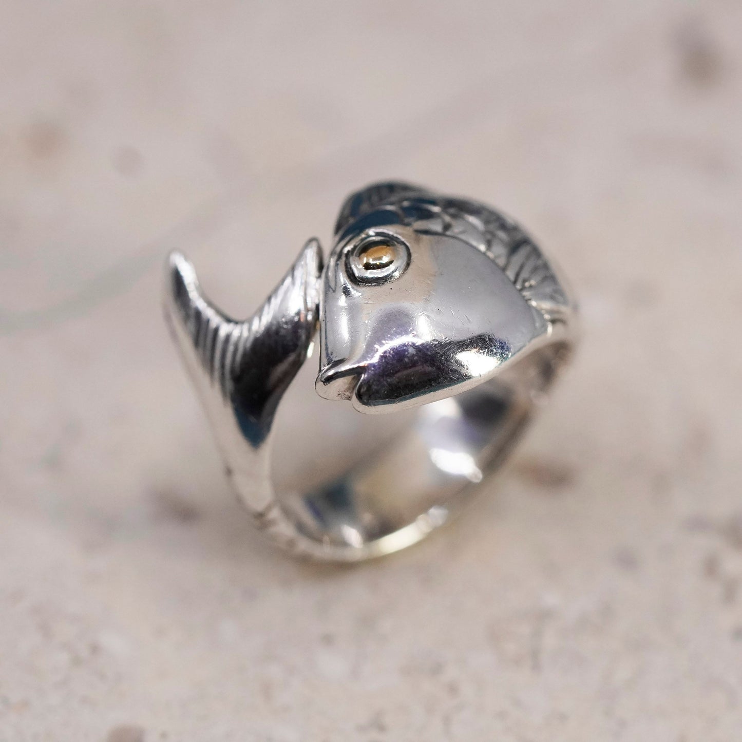Size 7, vintage Samuel B. Sterling 925 Silver 18k Yellow Gold Fish band Ring