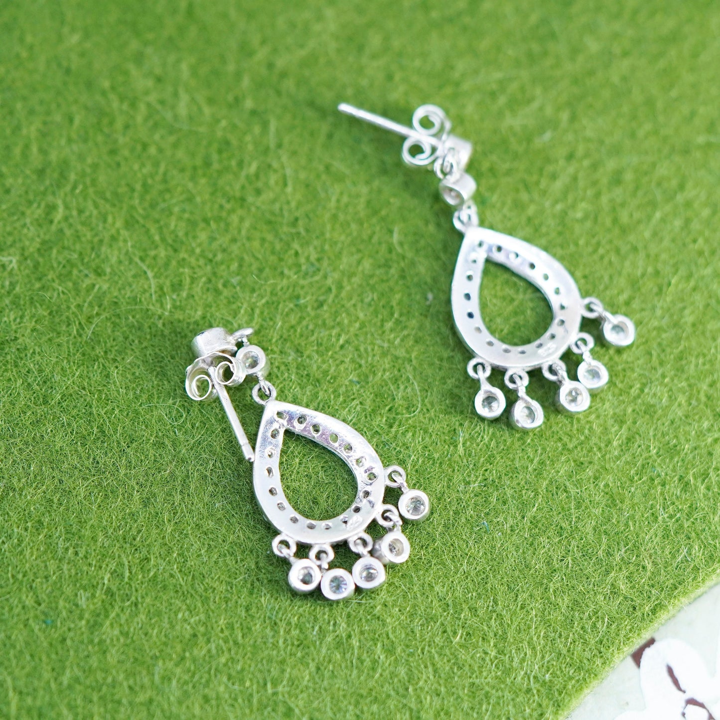 Vintage Sterling silver handmade earrings, 925 teardrop drops with cz around