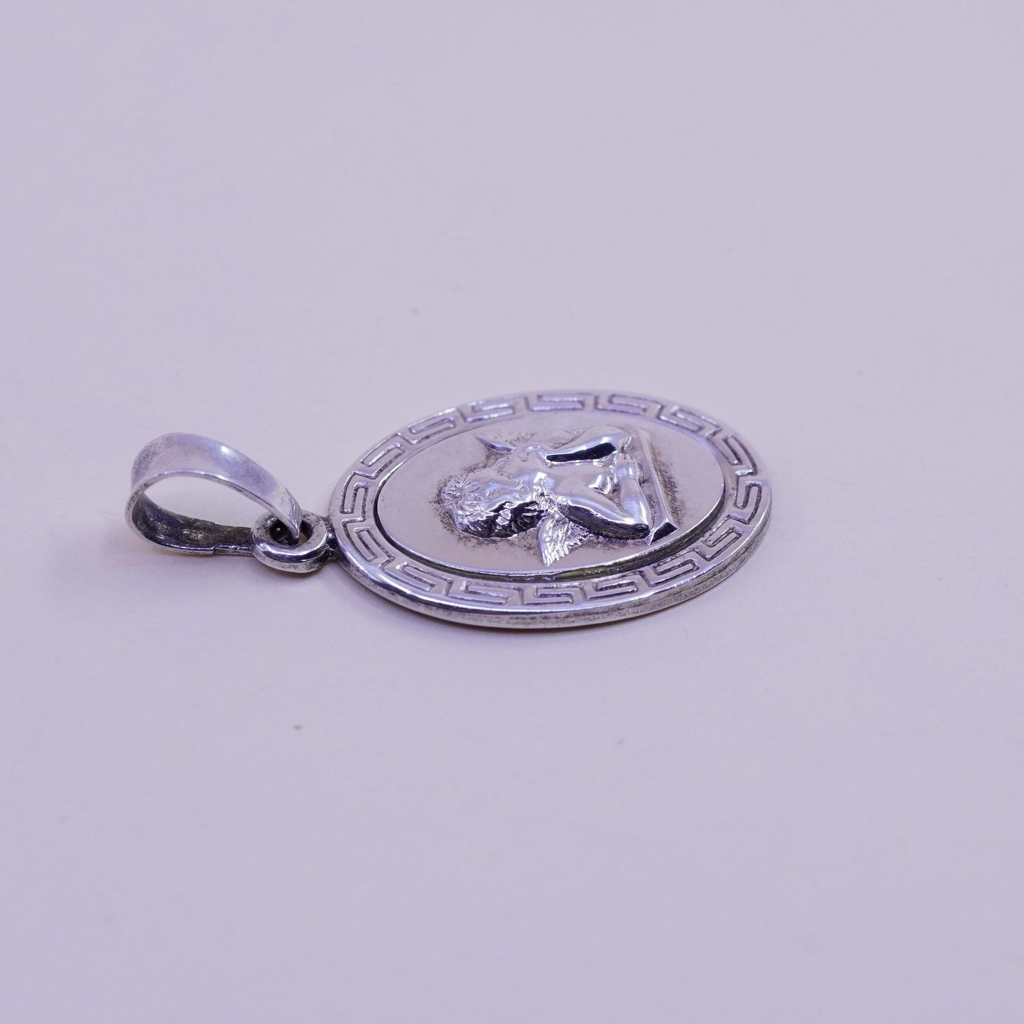 Vintage Sterling 925 silver handmade angel pendant with Greek key around