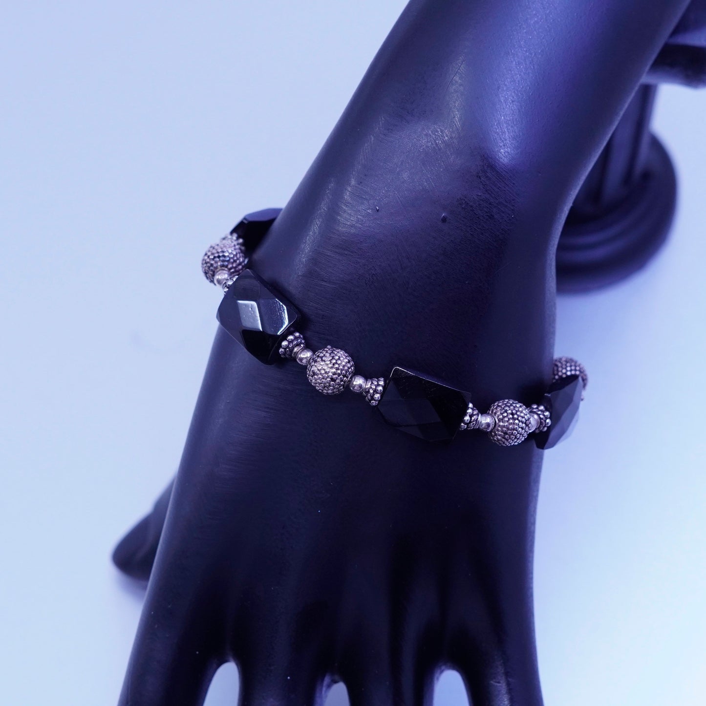 6.5”, vintage bali Sterling 925 silver bracelet with obsidian beads