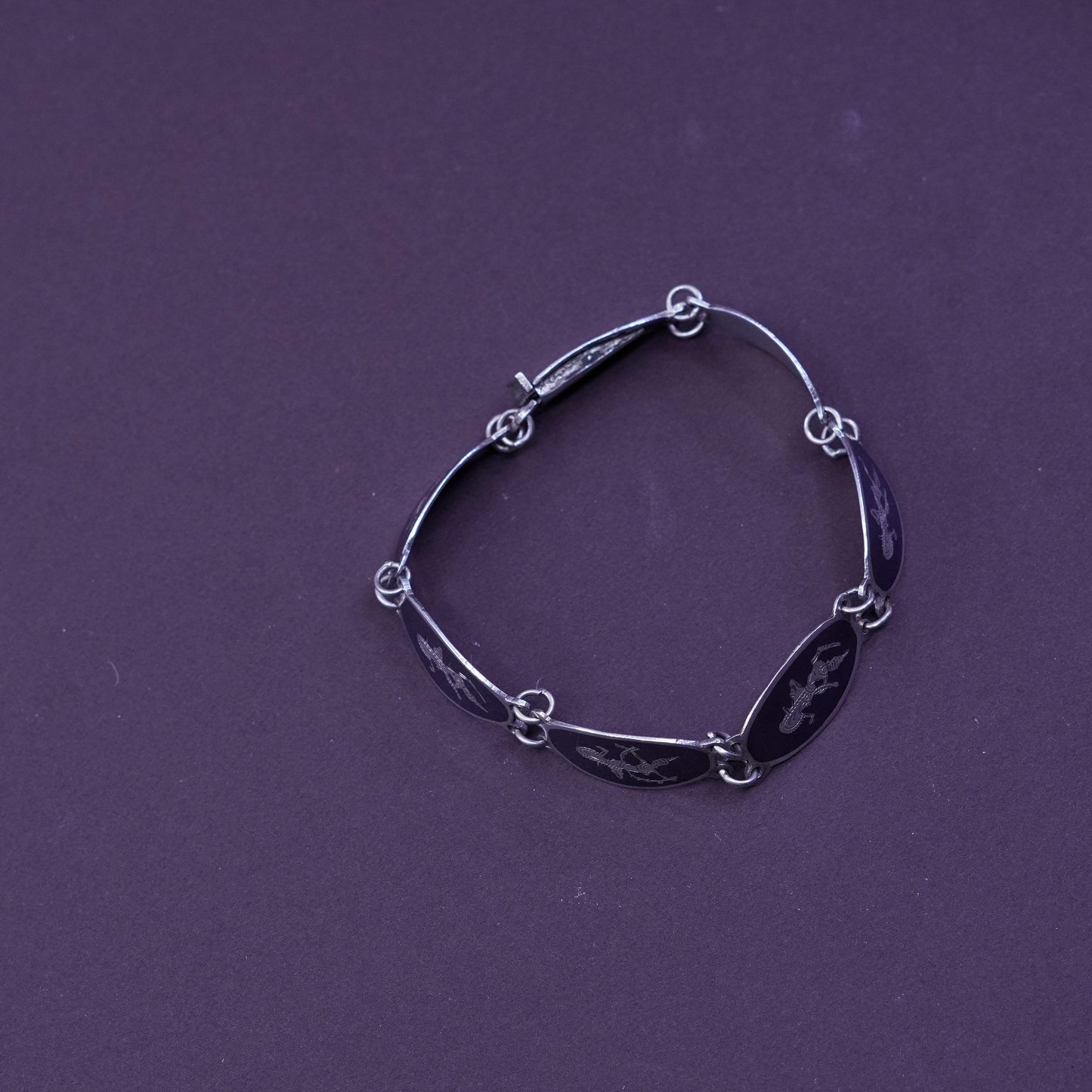 6.5”, Indian Siam Sterling silver, 925 niello music goddesses tennis bracelet
