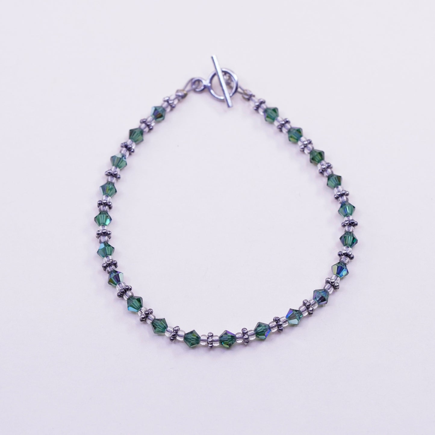 7”, vintage Sterling silver handmade bracelet, 925 beads green crystal beads