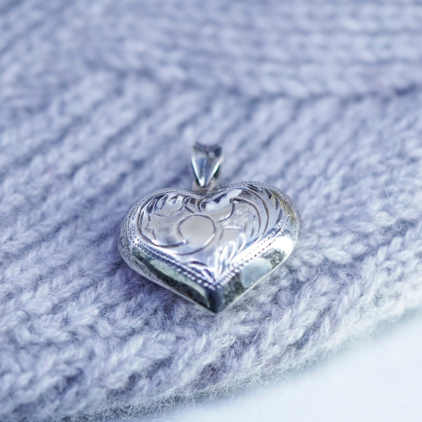 Vintage sterling 925 silver handmade textured puffy heart pendant