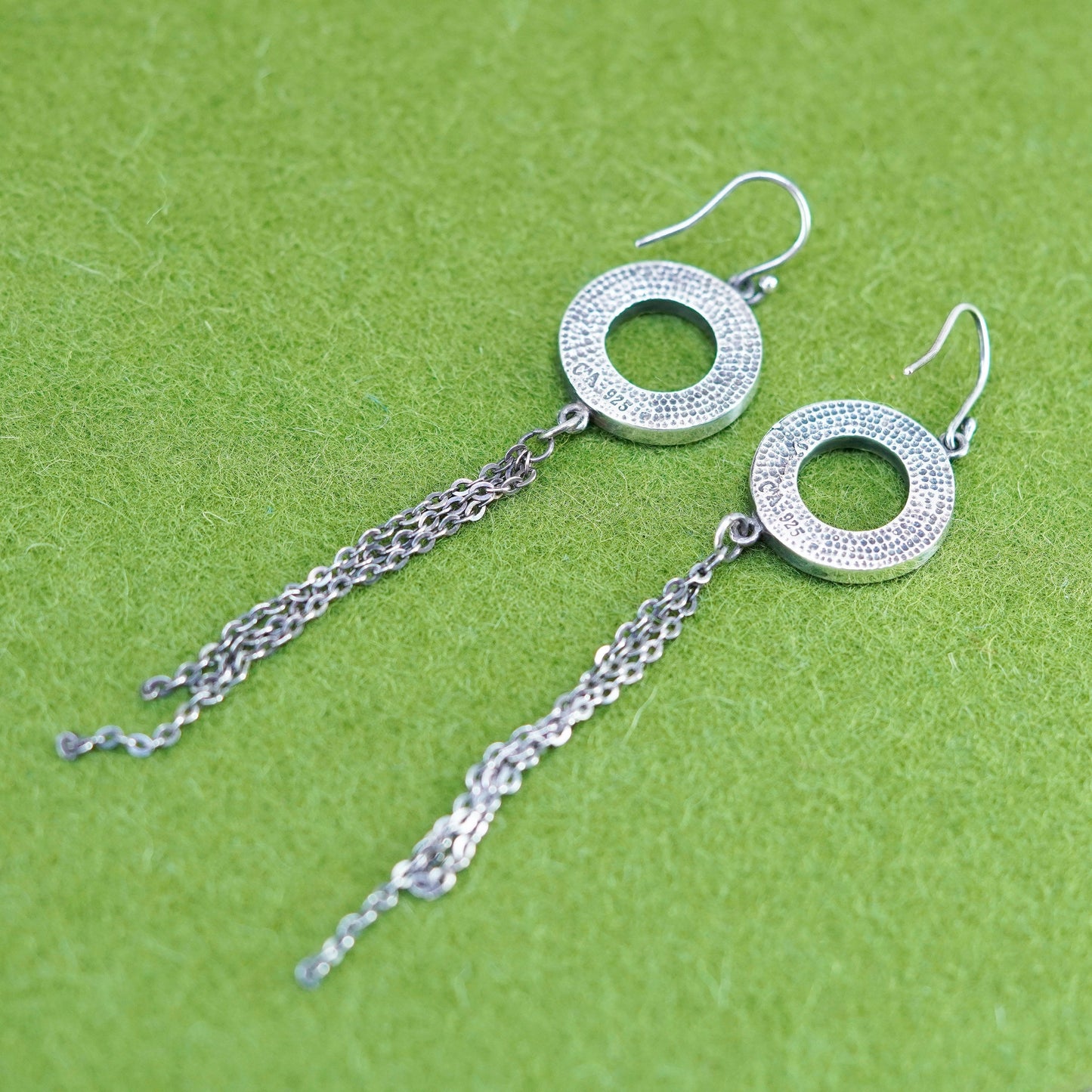 Vintage sterling silver 925 handmade earrings with jade and circle chain fringe
