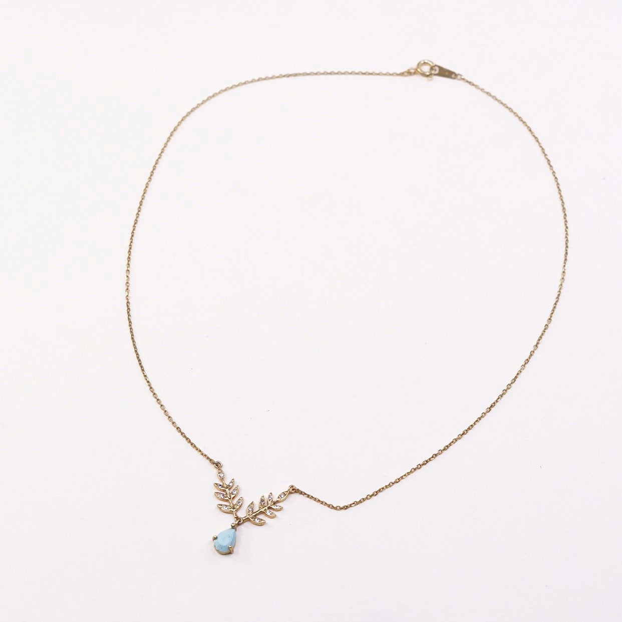 16", gold sterling 925 silver necklace chain w/ leaves pendant N turquoise