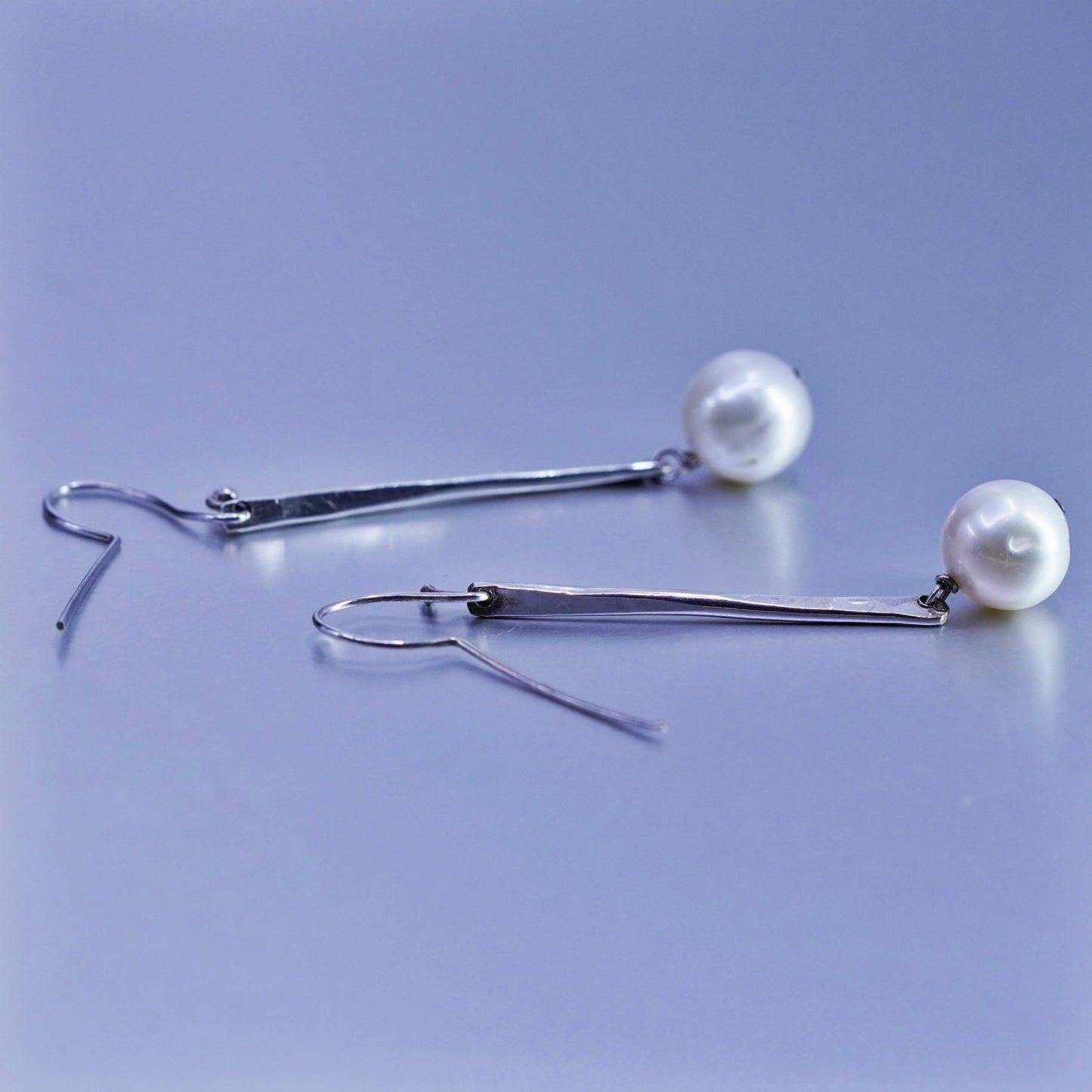 2.5”, Vintage Sterling 925 silver handmade bar earrings with pearl beads