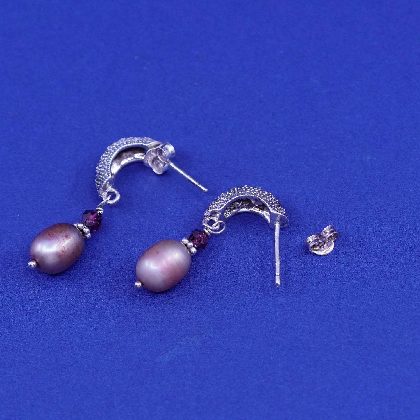 Vtg modern Sterling 925 silver handmade huggie hoop earrings teardrop pearl