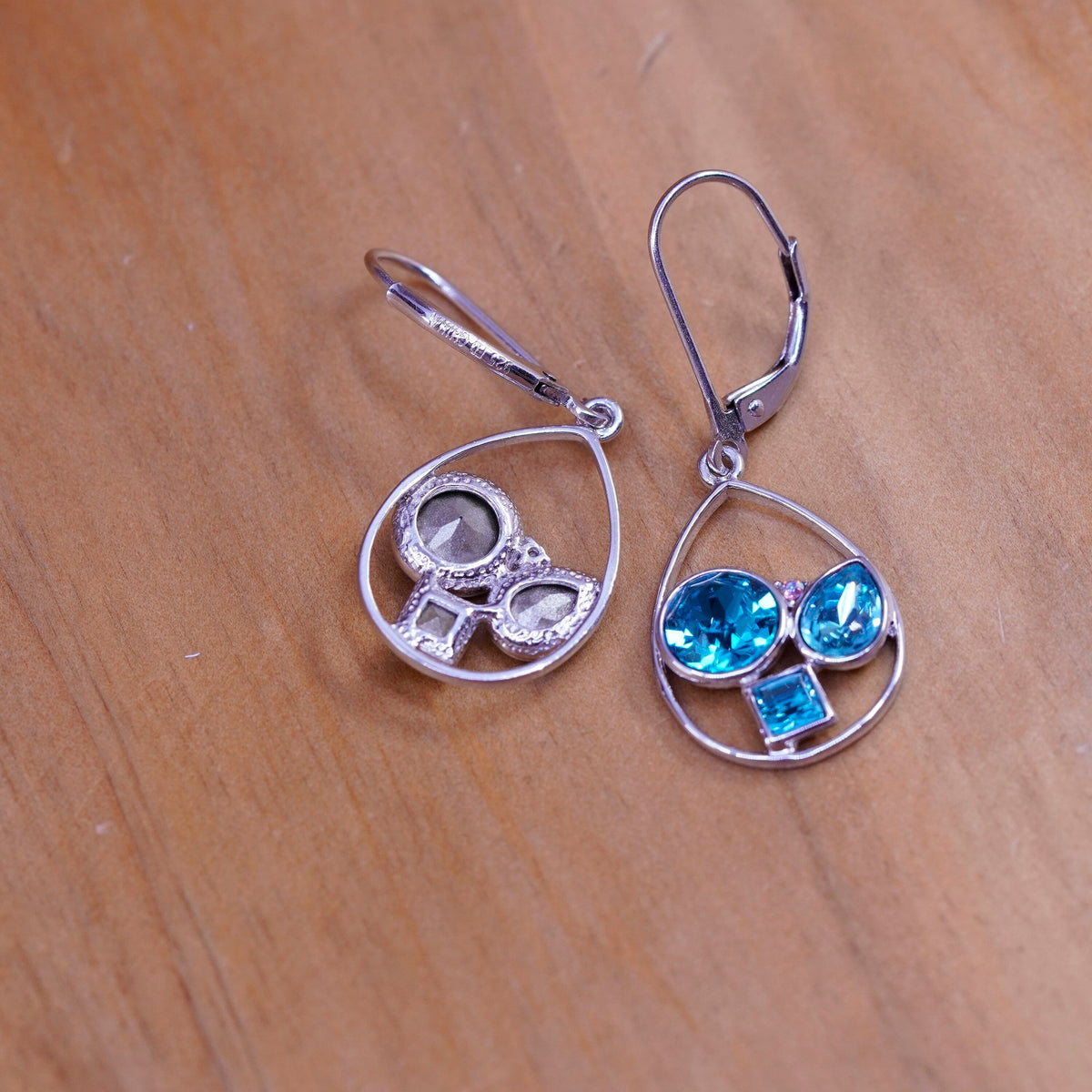Vintage Sterling 925 silver handmade teardrop earrings with blue rhinestone