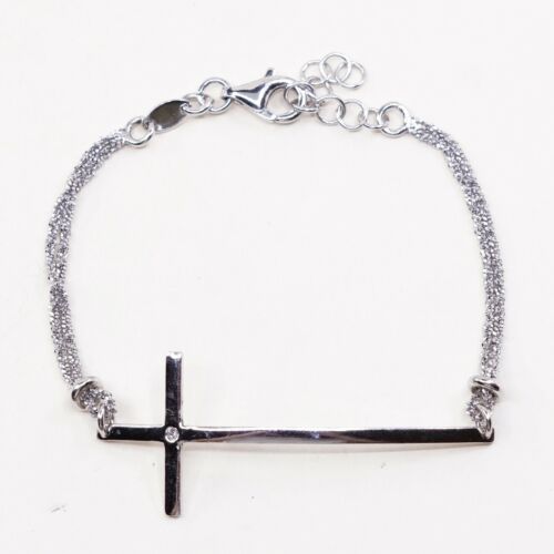 6.5”+1”, Vtg dyadema Sterling Silver Bracelet, 925 Fancy Chain W/ Cross N Cz
