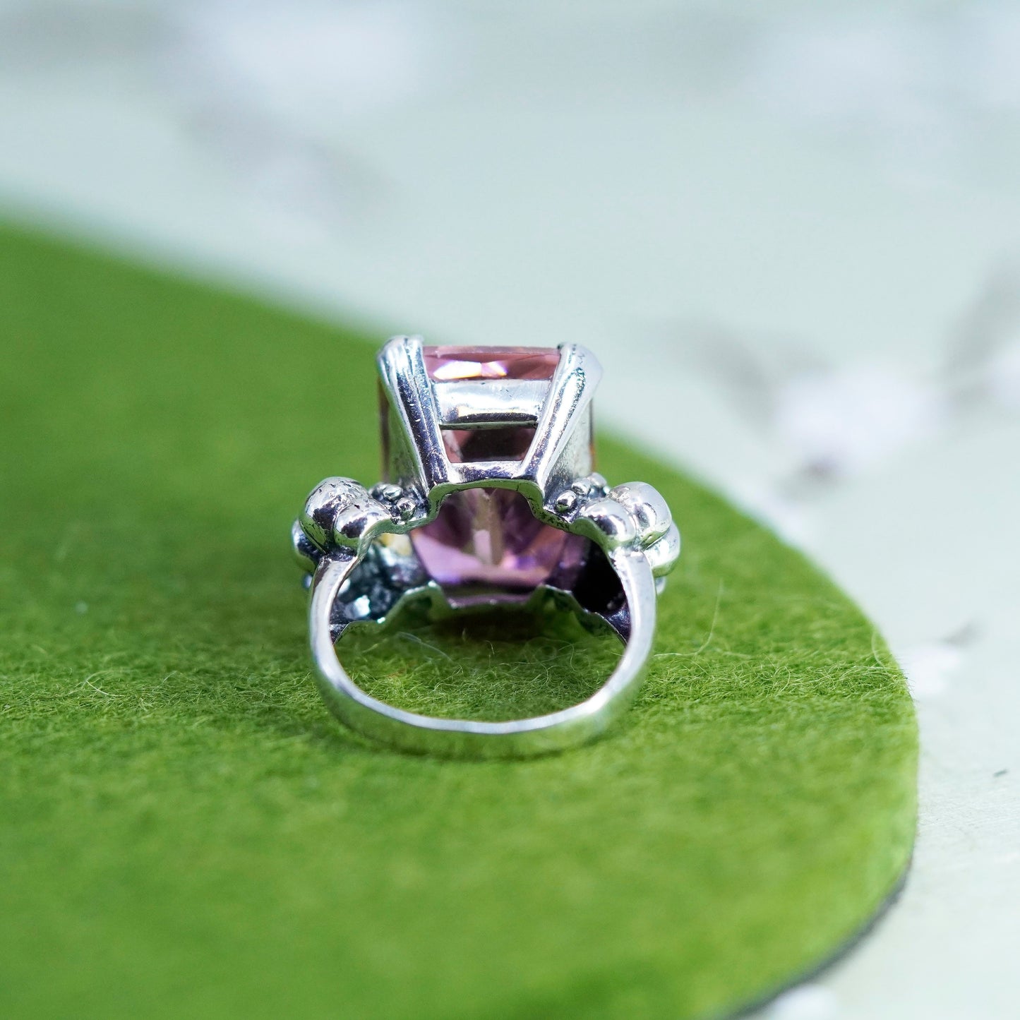 Size 6.5, VTG Sterling silver statement ring, 925 silver w/ emerald cut pink cz