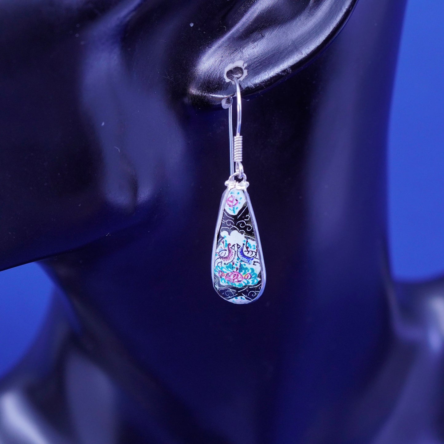 Vintage sterling 925 silver handmade earrings with orient teardrop enamel