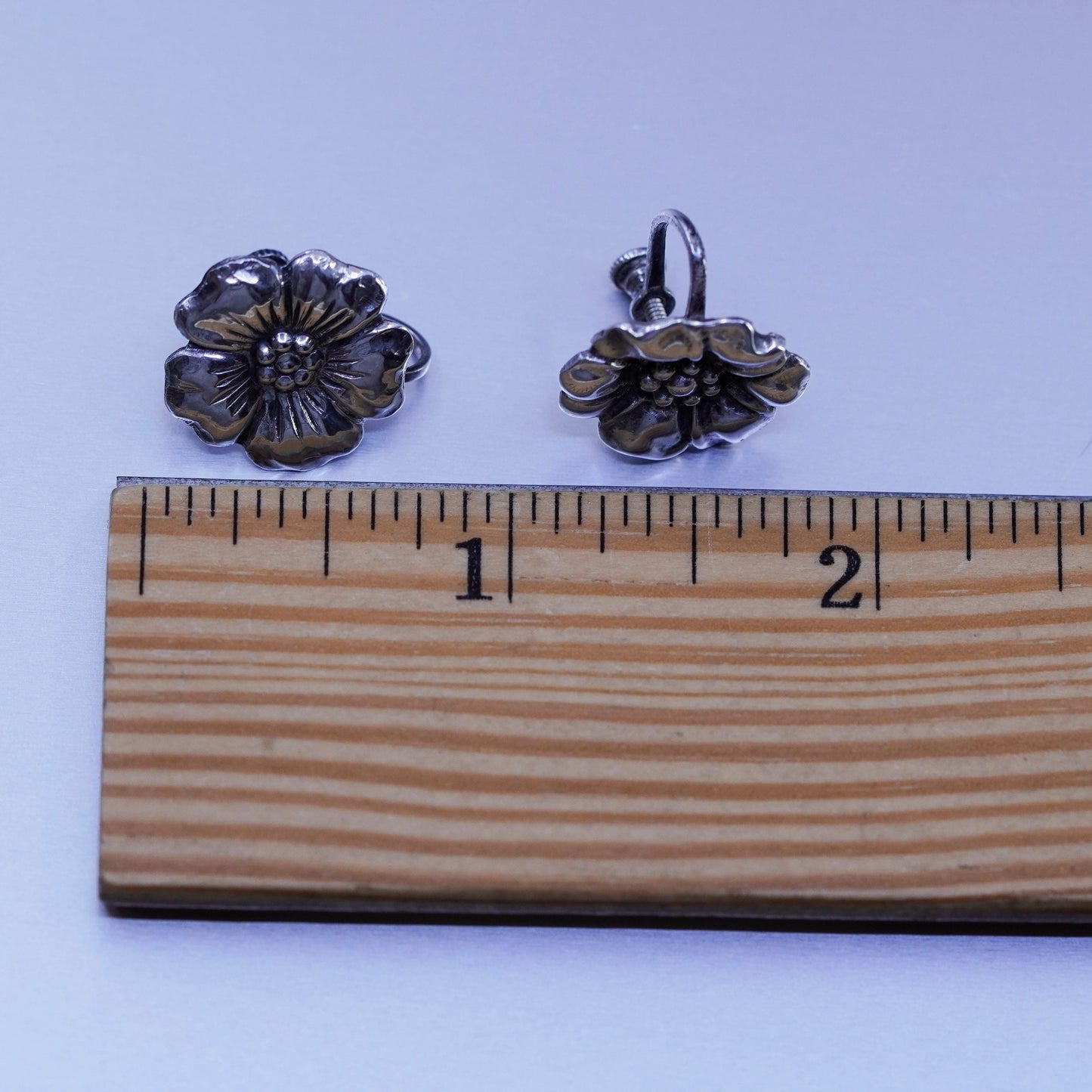 Vintage Sterling 925 silver handmade earrings, screw back flower