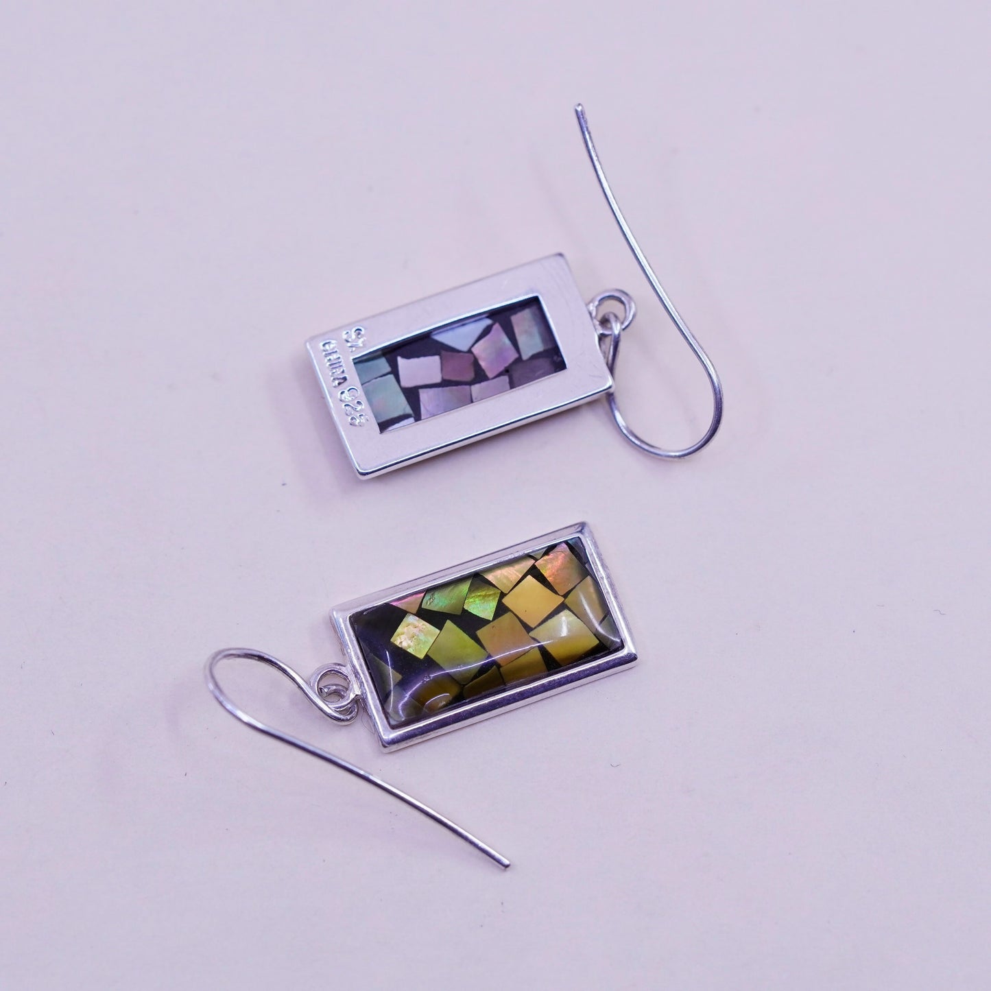 Vintage sterling silver handmade rectangular earrings, Mexico 925 with abalone