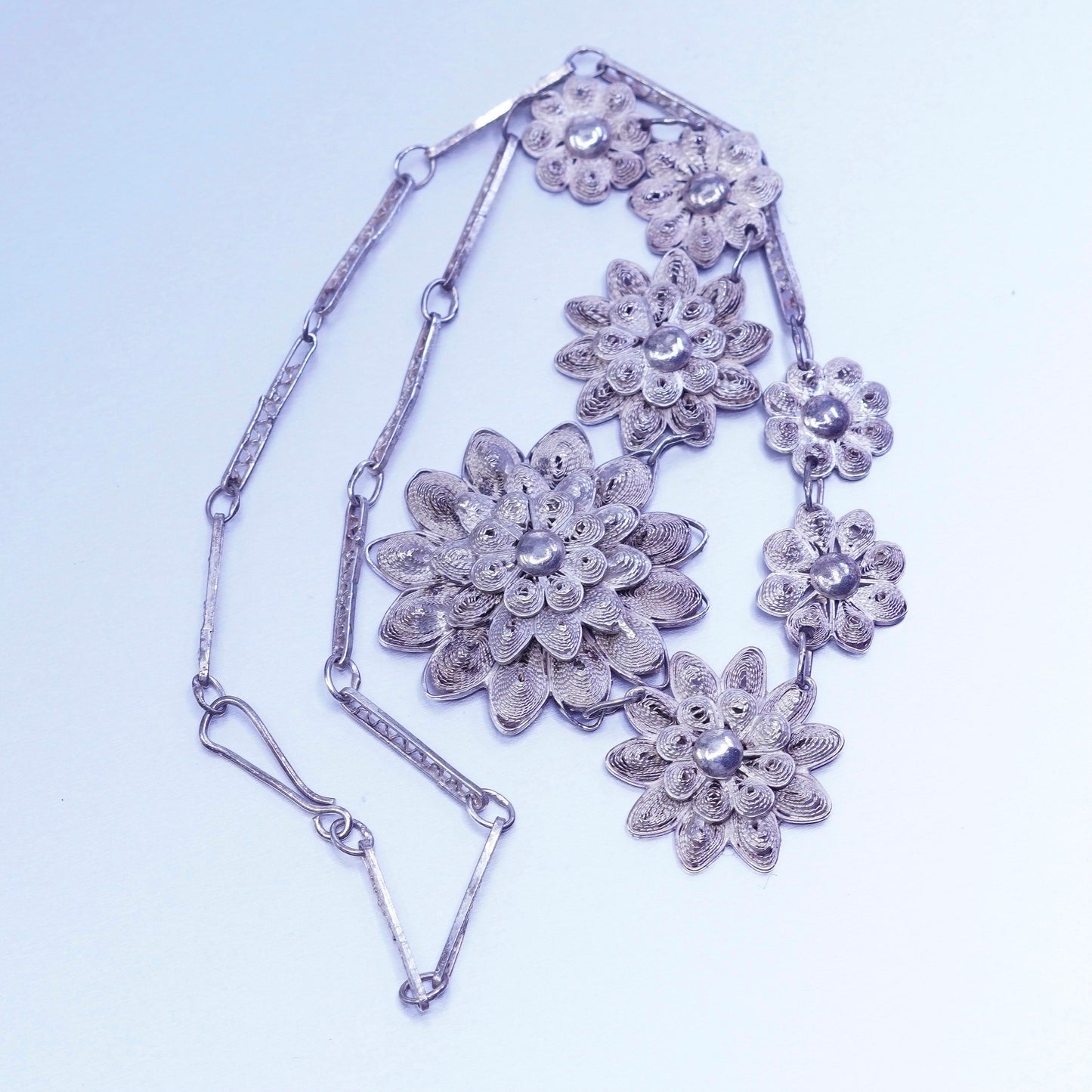 15” southwestern Sterling 925 silver filigree elongated necklace flower pendant
