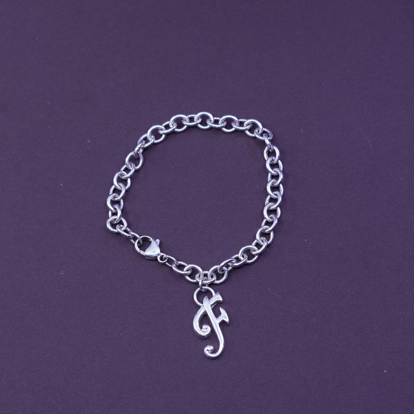 7”, Vintage sterling silver bracelet, 925 circle chain with initial letter “F”