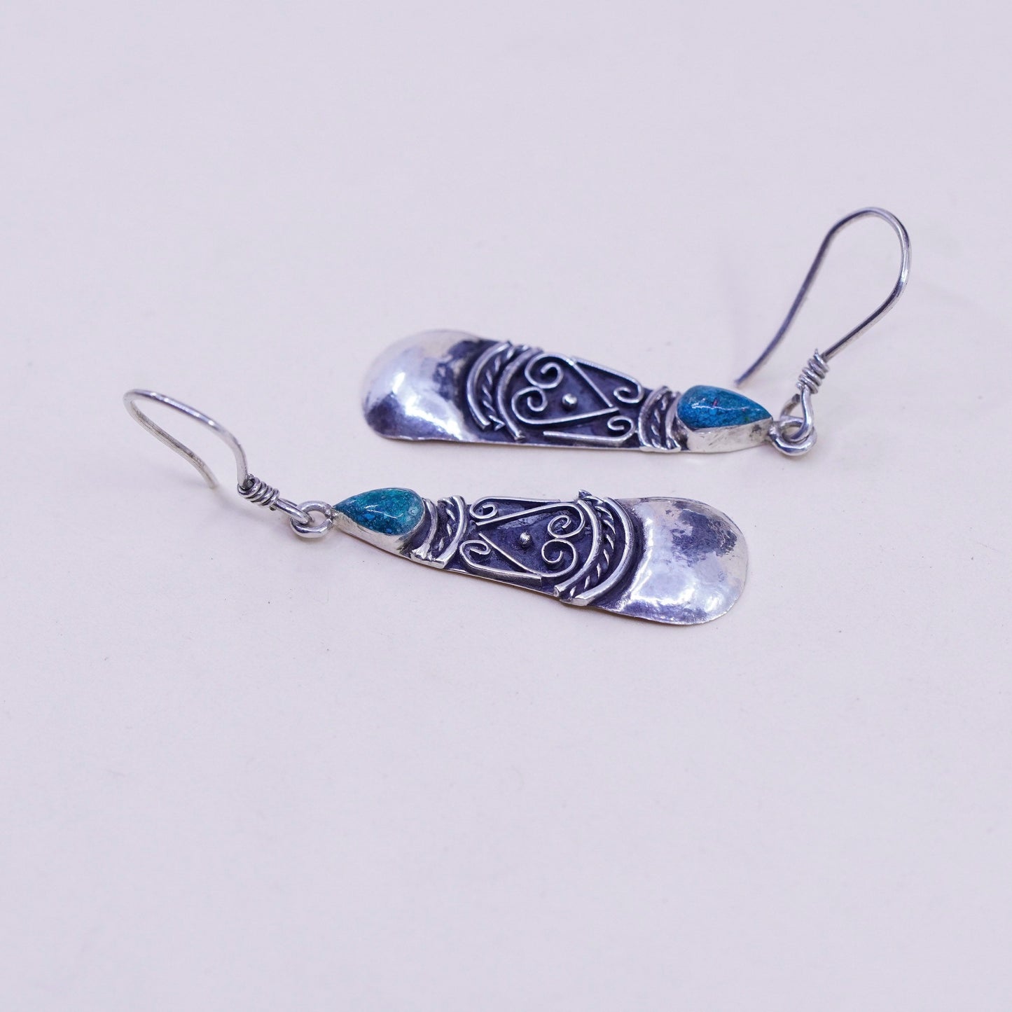 Vintage Sterling silver earrings, 925 teardrop dangle with malachite