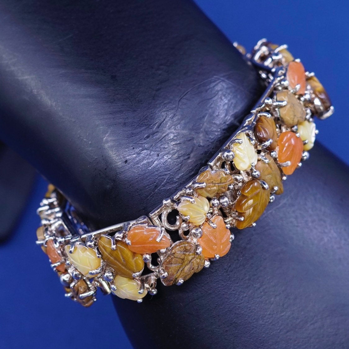 7” WK Whitney Kelly 925 Sterling Silver tennis Bracelet w/ tiger’s eye N leaf