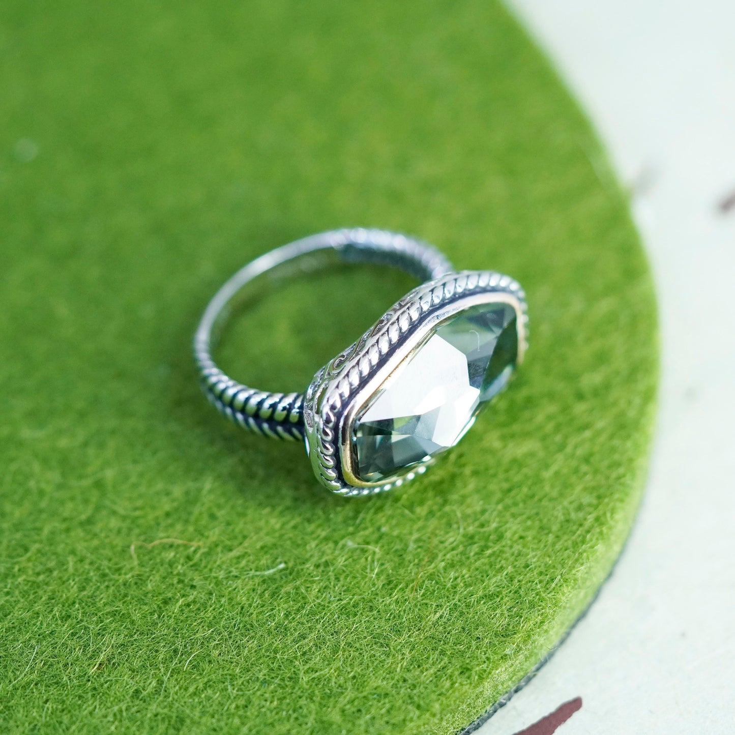 Size 7.25, Sterling 925 silver ring with Swarovski crystal with 14K gold trim