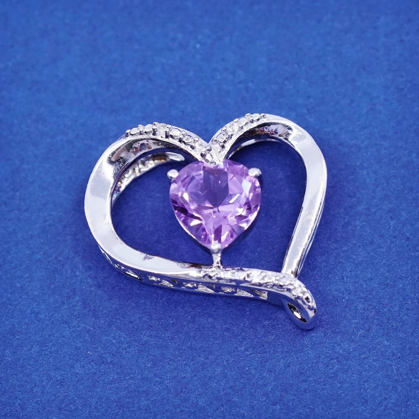 vtg JEBR Sterling silver handmade pedant, 925 heart with amethyst and diamond