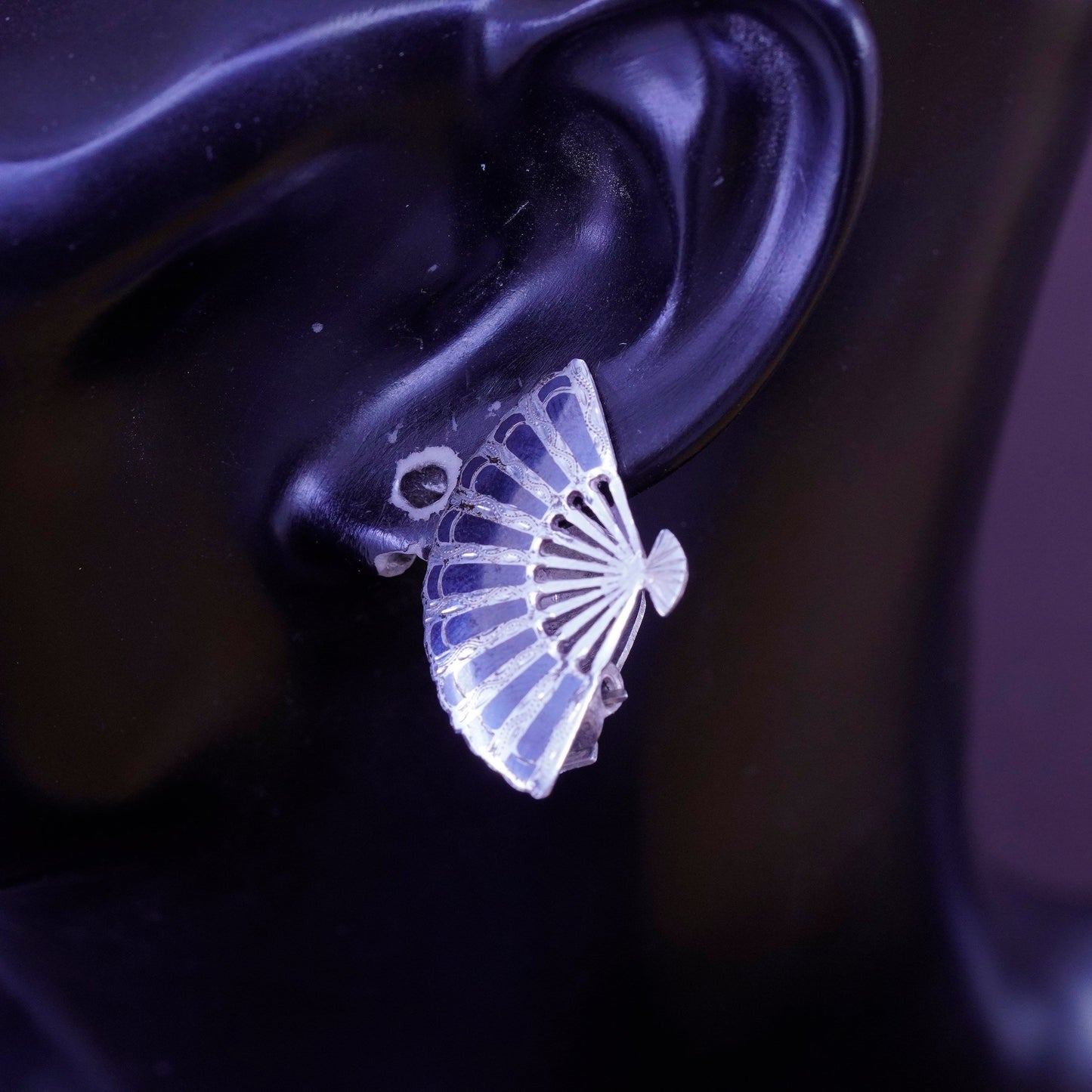 Vintage Siam sterling silver clip on 925 India fan earrings, niello, Siam