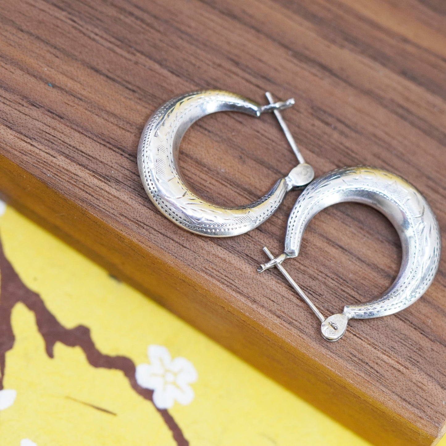 1”, Vintage Sterling silver handmade earrings, 925 textured hoops