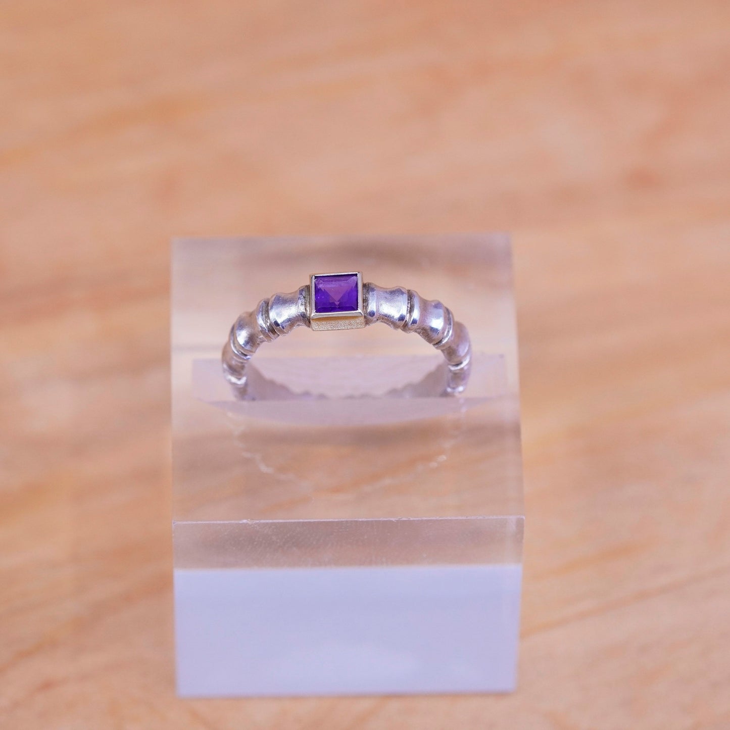 Size 7, AGAU 14K yellow gold Sterling silver ring, 925 bamboo band w/ amethyst