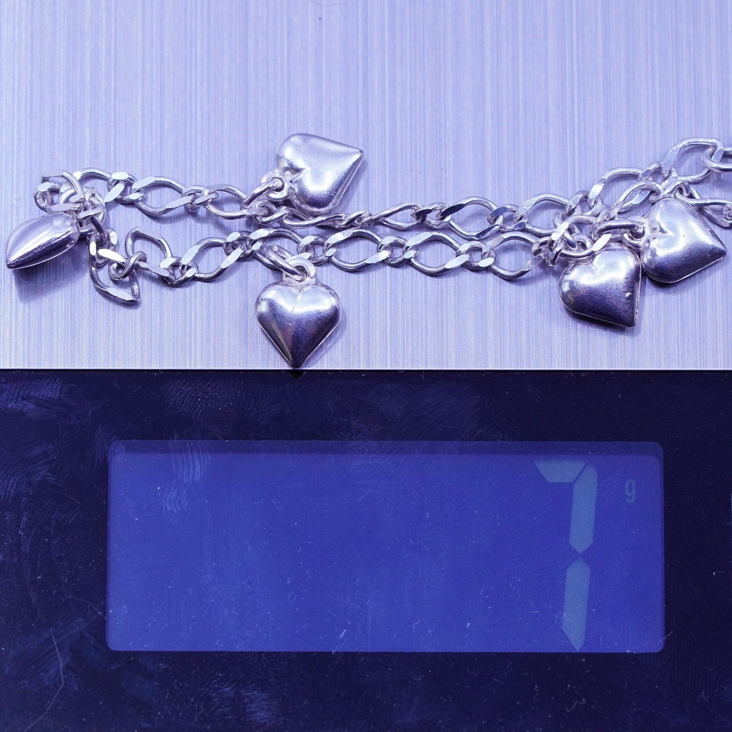 7”, vintage Sterling 925 silver handmade bracelet, figaro chain w/ heart charms