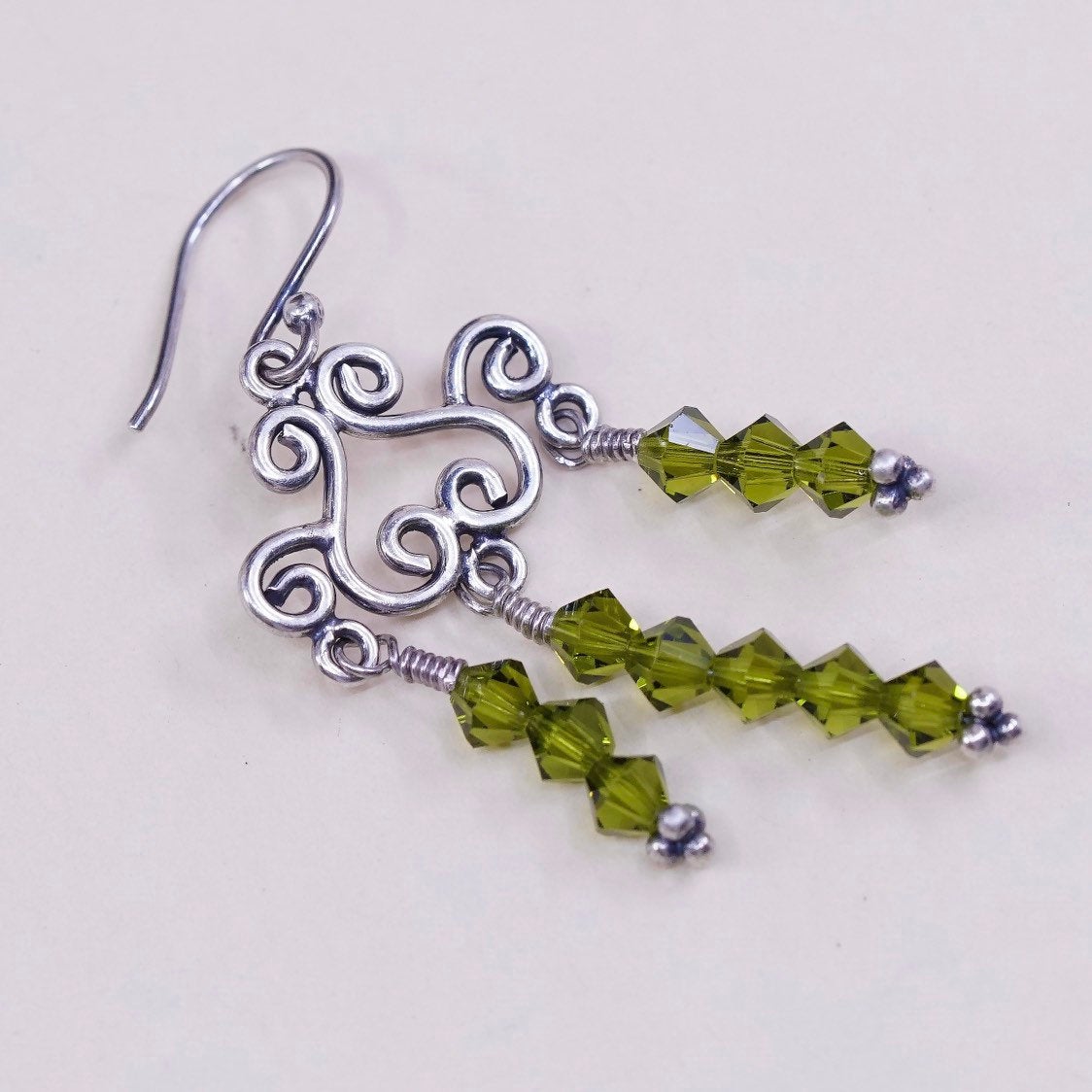 sterling silver handmade earrings 925 w/ green cluster Swarovski crystal fringe