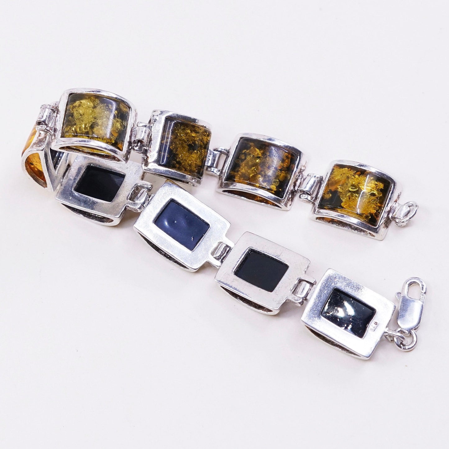 5.75”, Vintage sterling 925 silver handmade tennis bracelet with amber
