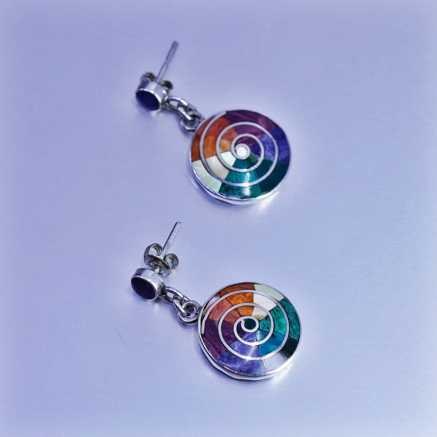 Sterling 950 silver earrings, Peruvian Inca silver turquoise, MOP carol chakra