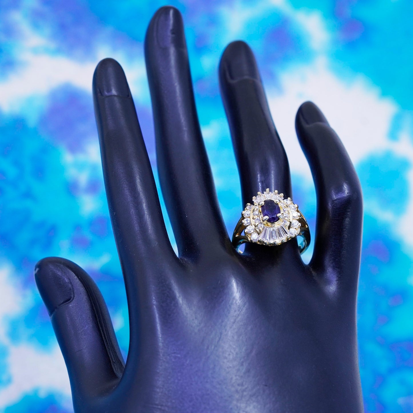 Size 8, vintage vermeil gold over sterling 925 silver ring cluster cz sapphire