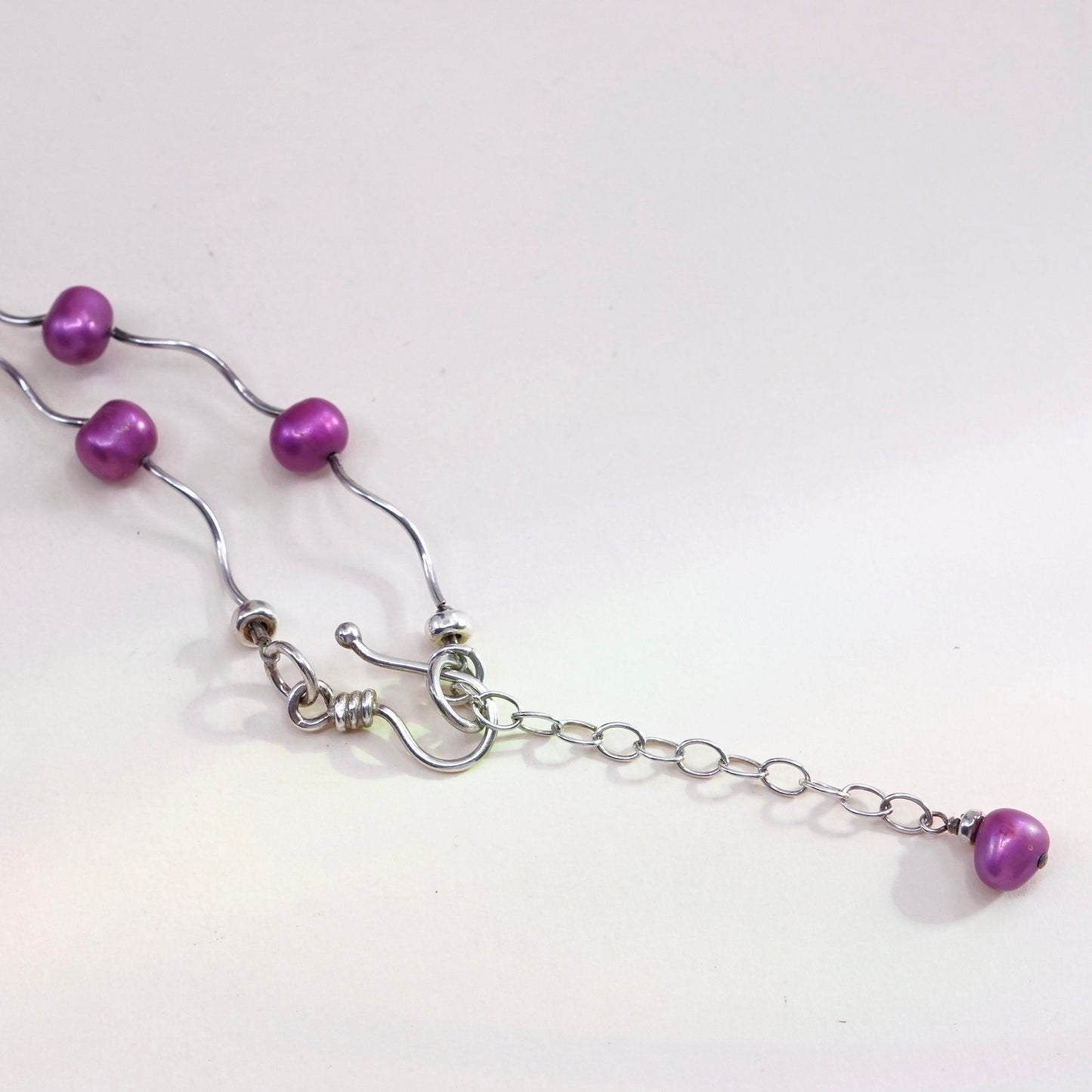 16”+2”, vtg Sterling silver handmade necklace, 925 liquid chain W/ pink pearl
