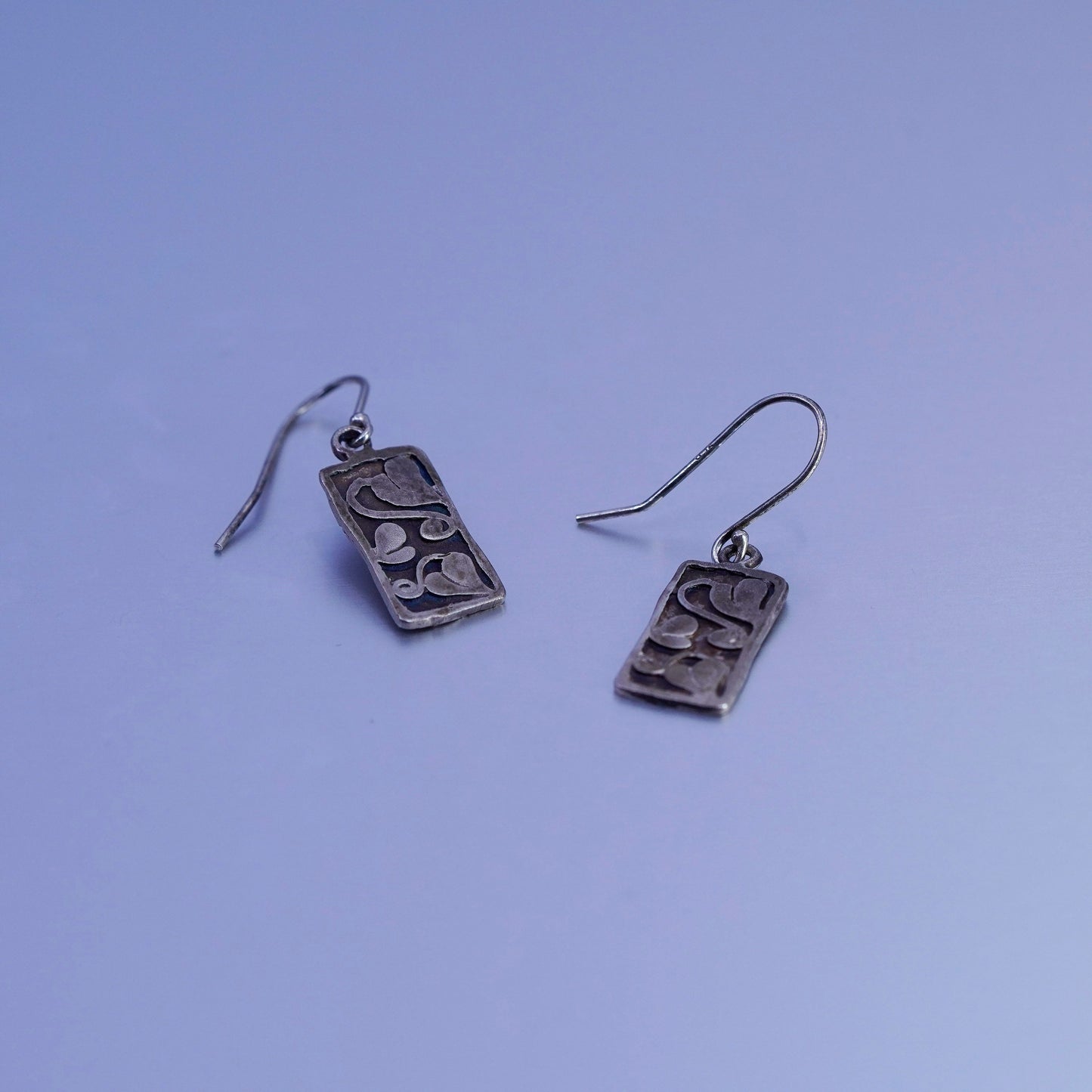 vintage Sterling silver handmade earrings, 950 tag dangles with heart engraved