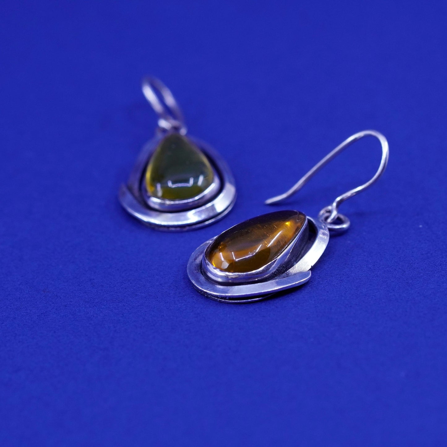 Vintage sterling 925 silver handmade earrings with teardrop amber