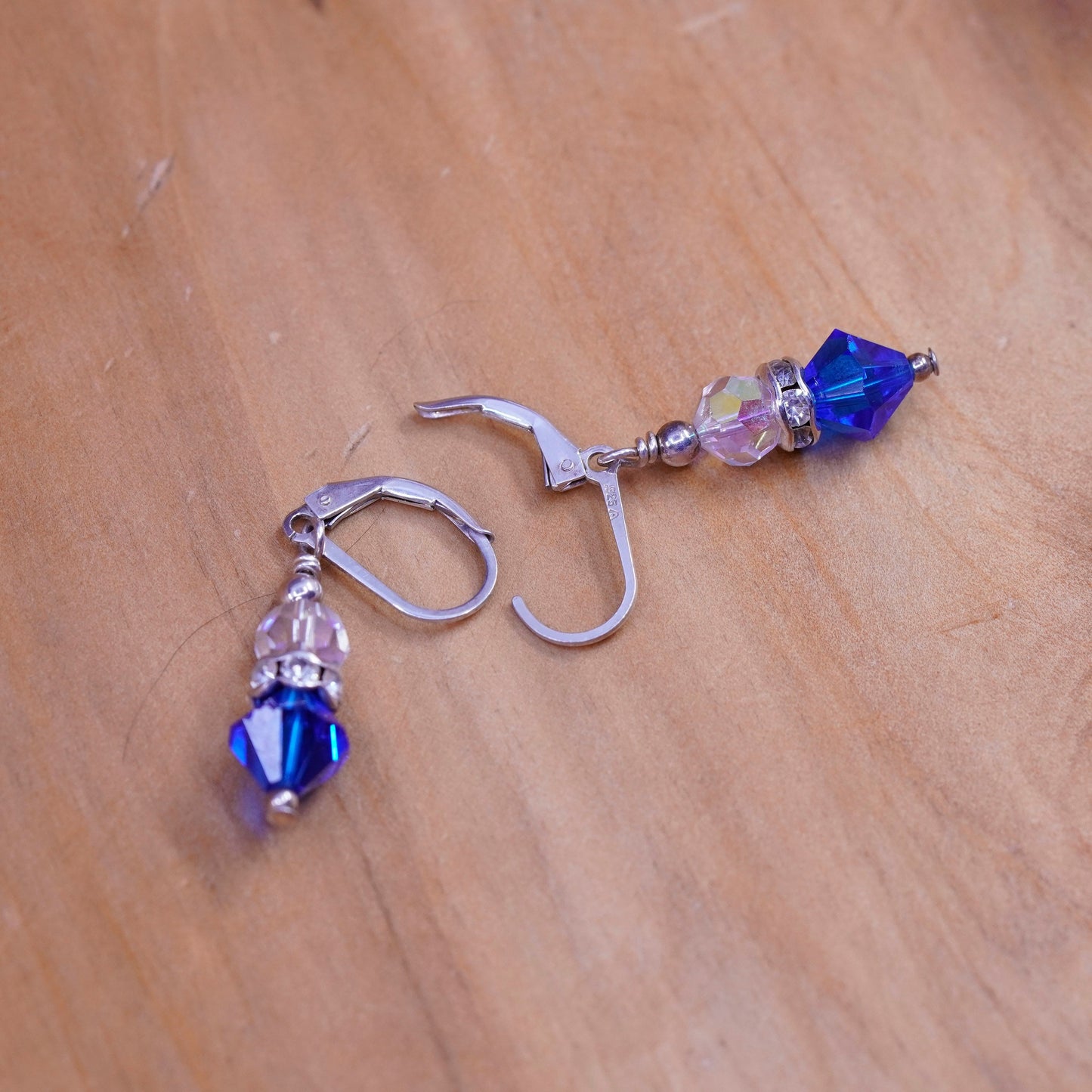 Vintage Sterling 925 silver handmade earrings with clear blue crystal