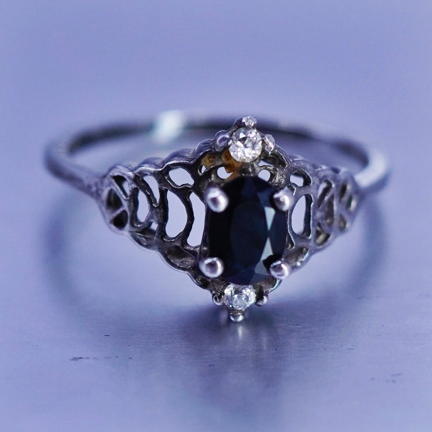 Size 9.25, vintage Sterling 925 silver handmade ring with sapphire and cz