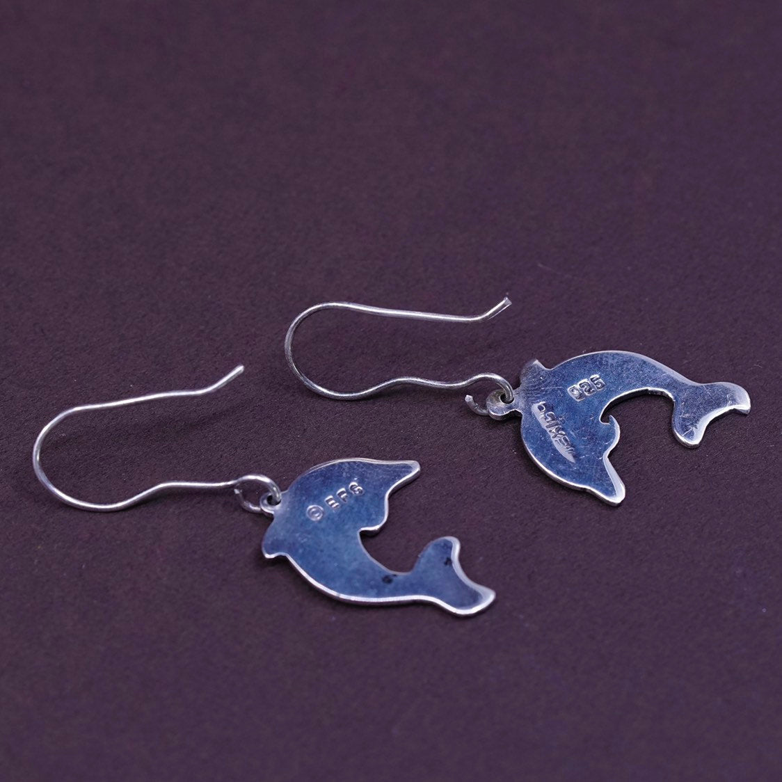 VTG Sterling silver handmade earrings, 925 dolphin dangle, mexico 925 EFS