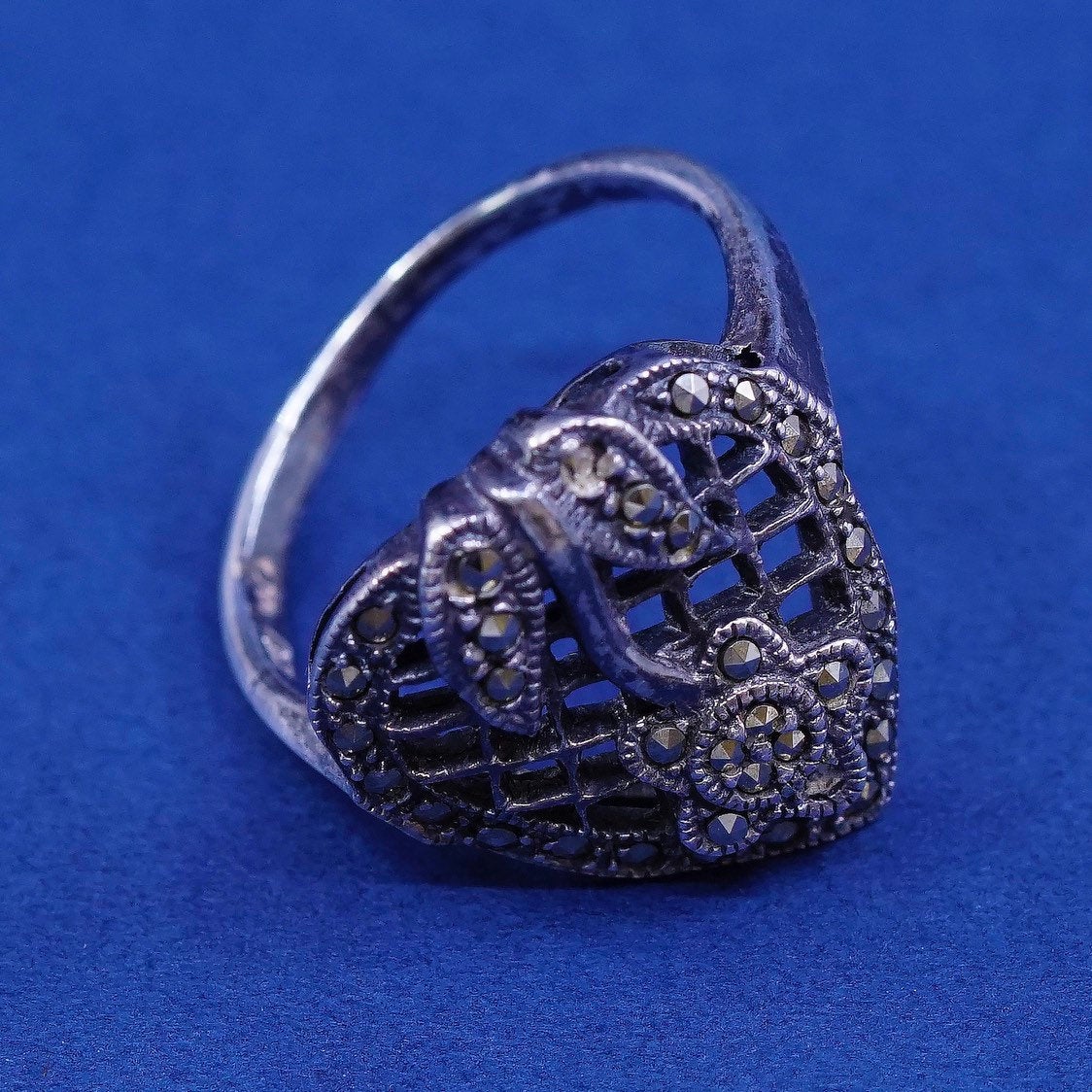 sz 8.25, vtg Sterling silver handmade ring, 925 flower w/ marcasite
