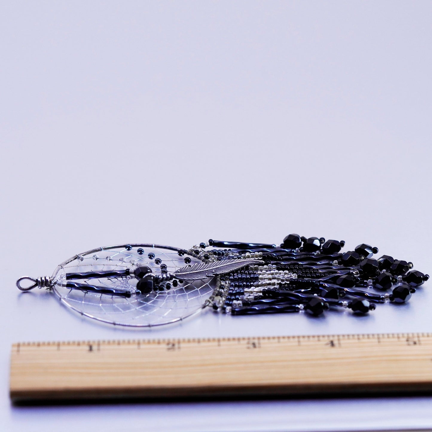 Native American sterling 925 silver net feather pendant w/ onyx crystal fringe