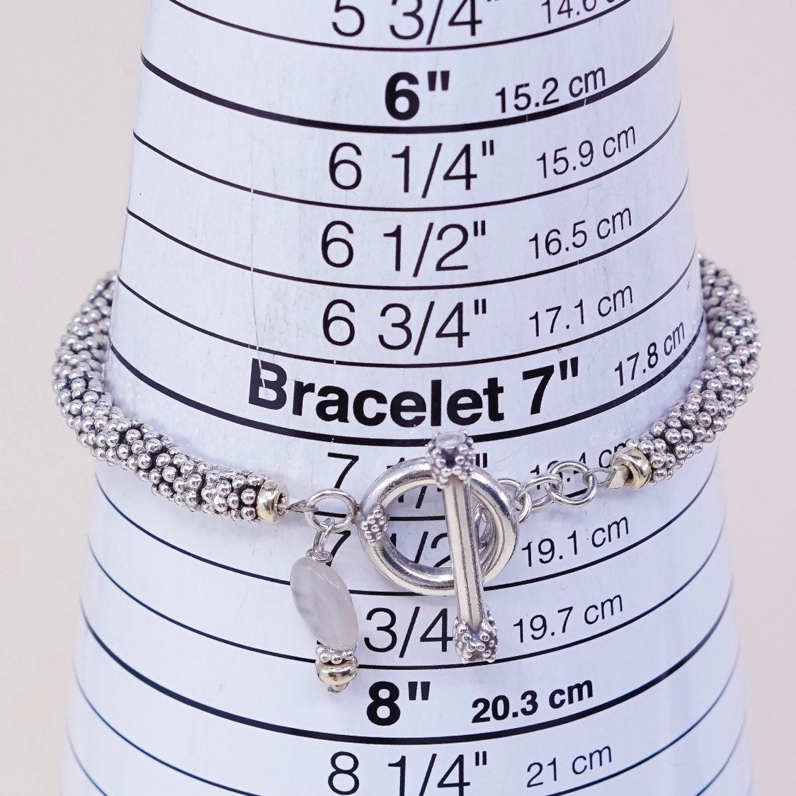 7.25", Vintage handmade bracelet, 14K beads with 925 silver beads and toggle closure, silver tested