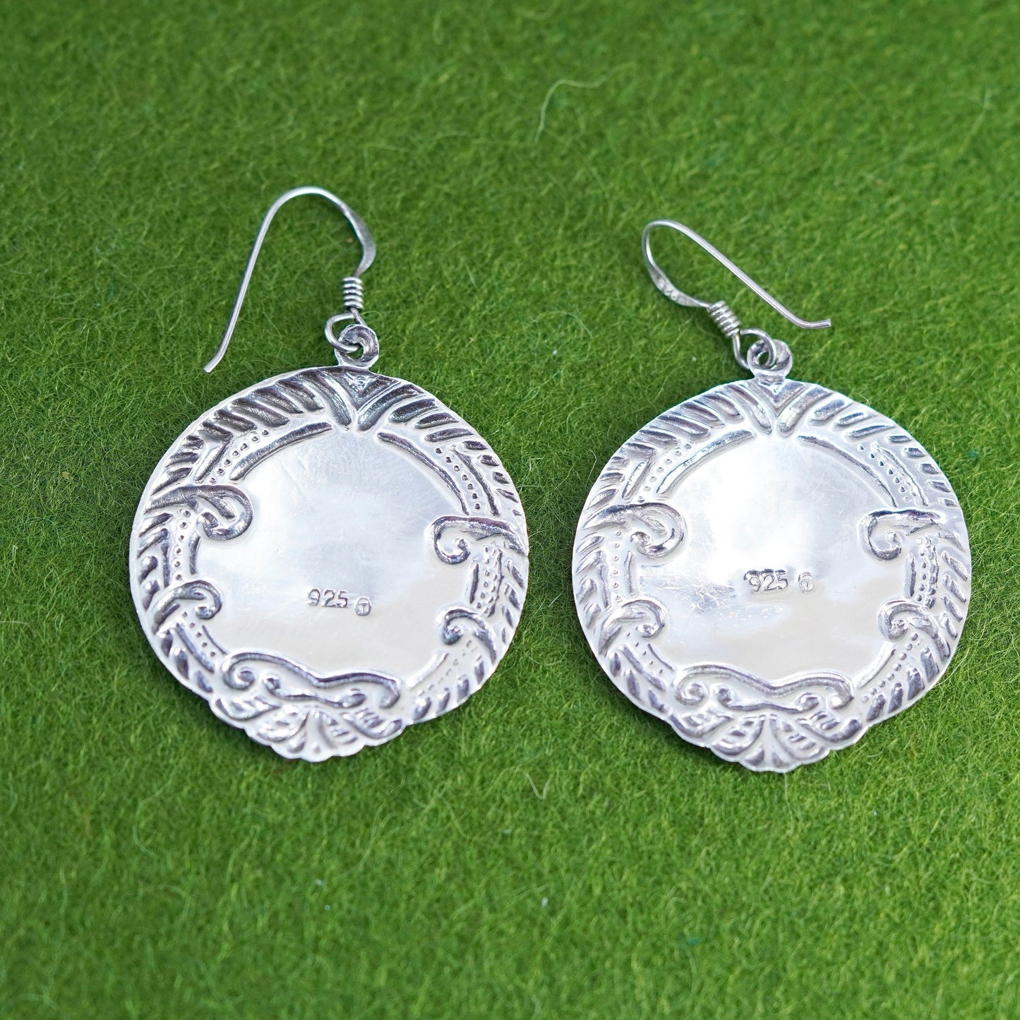 Vintage modern sterling silver handmade earrings, textured 925 tag dangles