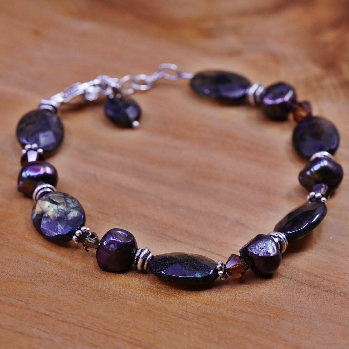 7.5”, vtg Sterling 925 silver handmade bracelet, labradorite pearl beads chain
